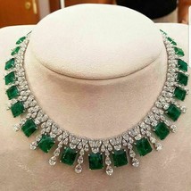 40Ct Princess Simulated Emerald Tennis Necklace 925 Silver Gold Plated - £402.08 GBP