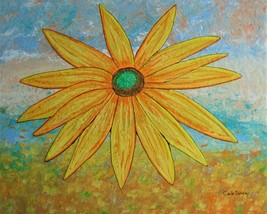 Painting Yellow Flower Original Signed Art Landscape Field High Hat Glow... - $18.21