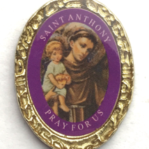 Saint Anthony Pray For Us With Baby Gold Tone Vintage Pin Brooch - £8.20 GBP