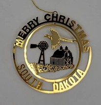 Vtg Classic Ornament Season&#39;s Greeting South Dakota 24k Gold Brass (A) - £7.76 GBP