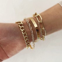 Boho Thick Gold Color Charm Bracelets Bangles New Fashion Jewelry 4pcs Punk Curb - £13.19 GBP