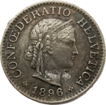 10 Rappen Suiza 1896 – Reedición &quot;Helvetia con corona de roble&quot; - $18.55 CAD