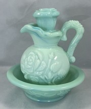 Vintage Avon Green/Teal Jade Swirl Milk Glass Decanter Pitcher Stopper and Bowl - £9.44 GBP