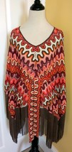 BOSTON PROPER Pink/Orange/Brown Crochet Fringed V-Neck Poncho w/ Belt (M... - $46.82 CAD