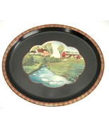 Vintage Hand Painted Oval Tin Tray 13&quot; Black w Pastoral Scene Ducks Barn... - £7.39 GBP