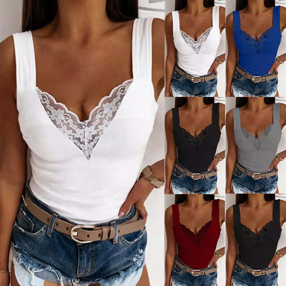 Lace V Neck Slim Fit Shirt Women Sleeveless Tank Tops Cami Vest Clubwear... - £16.84 GBP