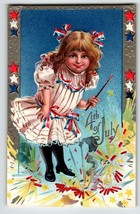 4th Of July Postcard Girl Fireworks Patriotic Stars Firecrackers Embossed Unused - £13.76 GBP