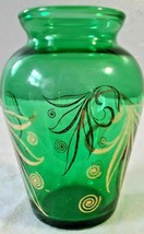 Anchor Hocking Small 3 3/4" Bud Vase Emerald Green Glass W Gold Swirl Design - $12.34