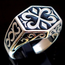 Sterling silver ring Medieval Calligraphy letter X Cross with Black enamel high  - £95.90 GBP