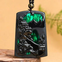 Hill and House Landscape Natural Natural Black Jade Beautiful View Pendant Neckl - £81.81 GBP