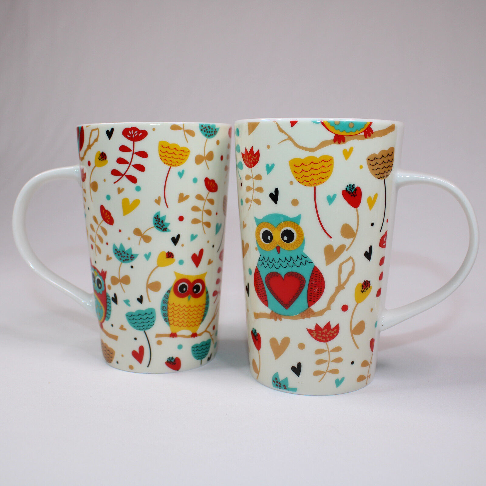 Primary image for Set Of 2 Home Essentials Owl Multi-Colored Flowers Tea Cups Coffee Mugs Tall