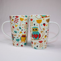 Set Of 2 Home Essentials Owl Multi-Colored Flowers Tea Cups Coffee Mugs Tall - £14.35 GBP