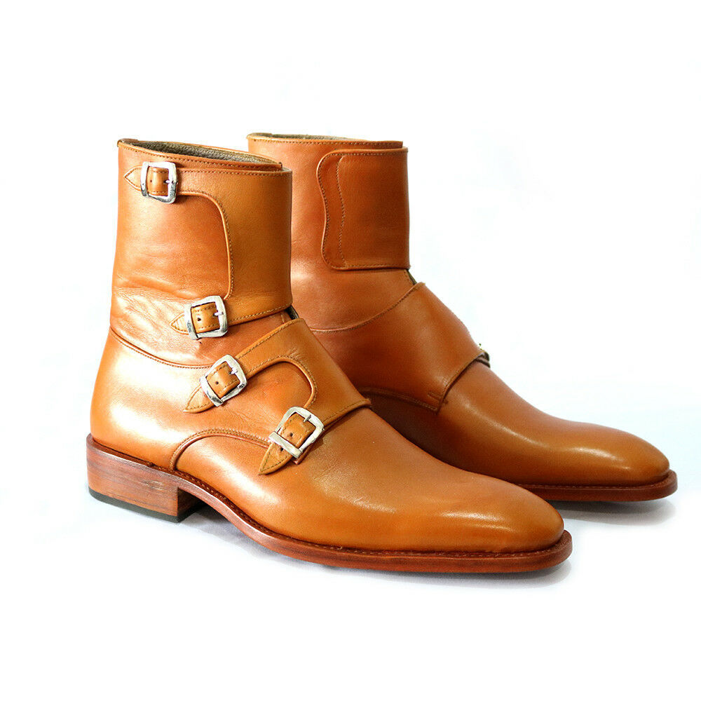 Men's Tetra Monk Buckle Strap High Ankle Plain Rounded Toe Leather Boots US 7-16
