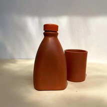 Terracotta Natural Handmade Water Bottle 500 ml with Glass Set Brown Earthen Cla - £39.81 GBP