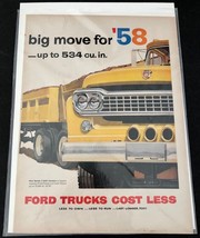 1958 Ford Trucks Original Print Ad Garage Art Poster &quot;Ford Trucks Cost Less&quot; - £3.82 GBP