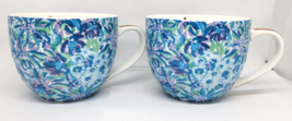 Two Lilly Pulitzer Coffee Cups Mugs Blue Floral With Gold Accent Lilly - £19.92 GBP