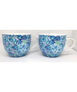 Two LILLY PULITZER Coffee Cups Mugs BLUE FLORAL with Gold Accent LILLY - £19.80 GBP