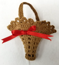 Macrame Holiday Basket Christmas Ornament Brown Fabric 1970s Vintage - $15.15