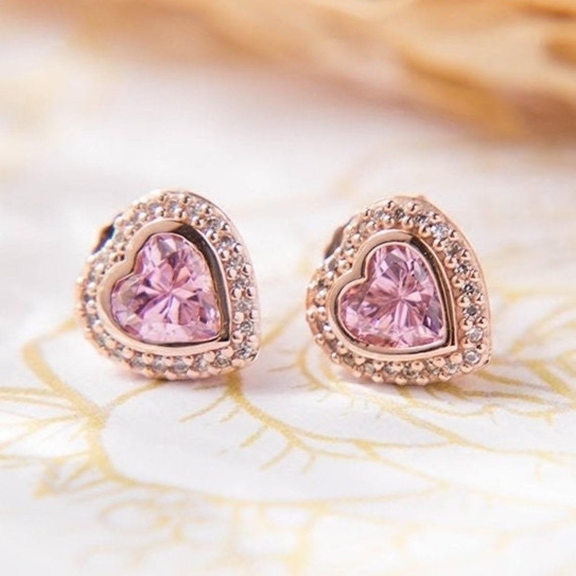 Rose Gold Plated Pink Sparkling Love Heart Stud Earrings