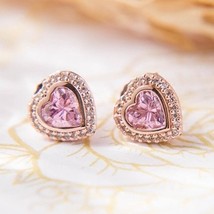 Rose Gold Plated Pink Sparkling Love Heart Stud Earrings - £12.26 GBP