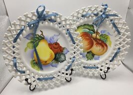 2 Lefton Lattice Lace Edged Fruit Plates Hand Painted 8” 1950s Peach &amp; Pear - $26.38