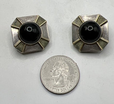VINTAGE NAVAJO STERLING SILVER &amp; GILT BLACK ONYX CLIP ON EARRINGS SIGNED NR - $34.60
