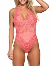 Shirley of Hollywood Floral Stretch Lace &amp; Mesh Teddy Coral (Small) - £37.62 GBP