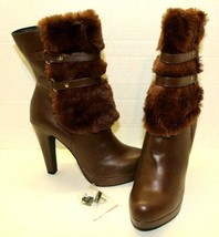 Olivia Miller Brown Faux Leather &amp; Fur Side Zip Bootie 4.5&quot; Heels Size 6.5 Strap - £26.17 GBP