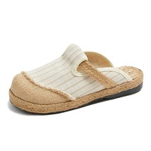 Summer Shoes Women Slippers New Striped Cotton Hemp Outside Slides Flat With Lei - £26.59 GBP