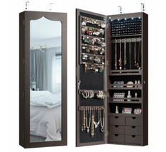 Hanging Jewelry Cabinet LED Lights Lockable Armoire Drawer Door Wall Mount Brown - £136.01 GBP