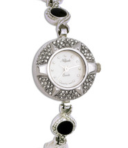 Vintage Elegant Netsuke Marcasite Tourmaline Stones Stainless Steel Women Watch - £7.62 GBP