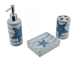 Scratch &amp; Dent Blue and White Striped Starfish 3 Piece Ceramic Bathroom Set - £16.38 GBP