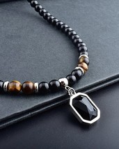 Black And Brown Pendant - Obsidian And Tiger Eve Crystal Mens Jewellery - £9.94 GBP