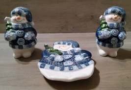 Snowman 3pc Salt and Pepper Shakers w/ Stoppers and Spoon Rest Blue Whit... - £22.12 GBP