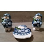 Snowman 3pc Salt and Pepper Shakers w/ Stoppers and Spoon Rest Blue Whit... - £22.08 GBP