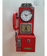 Red Metal Clock Telephone Booth Victorian Vintage Home Art Deco Table/Wall - $276.64 CAD