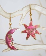 Enchanting Red Genuine Cloisonne Enamel Sun &amp; Moon Face Earrings 1970s v... - $17.95