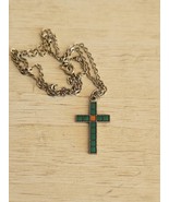 Vintage Necklace Blue Green Aqua Crucifix Cross Textile Design on Chain - $37.00 CAD