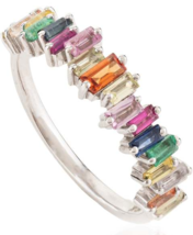 Baguette Cut Rainbow Sapphire Half Eternity Band Ring in 18k Solid White Gold - £584.44 GBP