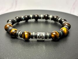 Leo Zodiac Bracelet with Tiger Eye Gemstone and Dark Wood beads (Stretch... - $24.24