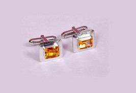 4.10Ct Emerald Cut Simulated Citrin Wedding Cufflinks 14k White Gold Pla... - £91.08 GBP