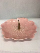 USA 12 Pink glass pottery dish plate platter centerpiece brass ring handle - £13.22 GBP