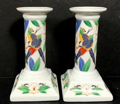 ceramic candlesticks exotic colorful bird tropical flowers - £35.42 GBP