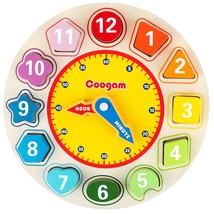 Wooden Shape Color Sorting Clock  Teaching Time Number S Puzzle Stack - £23.76 GBP