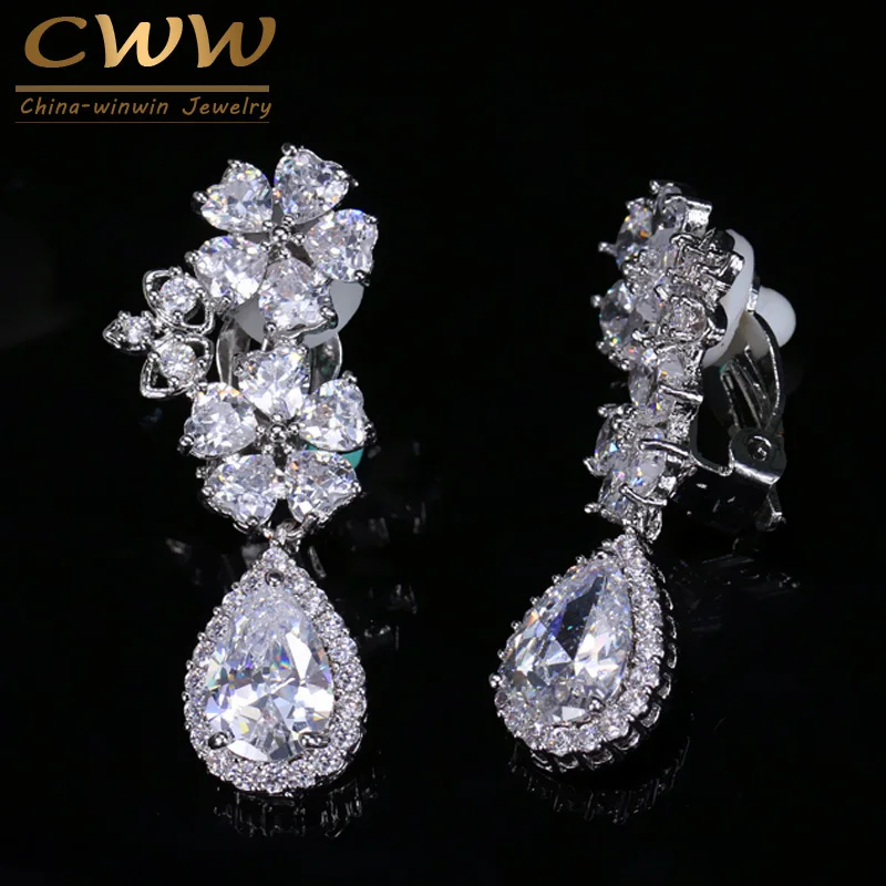 Elegant Flower Shape Bridal Wedding Jewelry Cubic Zirconia Crystal Clip On Earin - £18.12 GBP