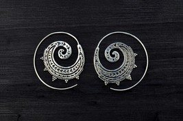 Tribal Spiral Earrings, Boho Ethnic Hoops, Silver Creole Earrings - £17.86 GBP