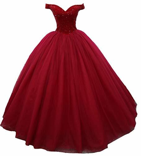 Off The Shoulder Heavy Beaded Long Ball Gown Prom Evening Dress Wine Red US 8