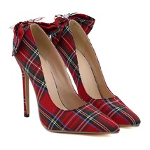 Elegant Woman Dress Shoes Low Heel Summer Pointed Toe Shoes Scottish Plaid Red S - £39.31 GBP