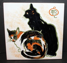 Antique Cotto Petrus Black Cat Painted Tile ~ Theophile  Made in Italy 8&quot; Square - £78.36 GBP