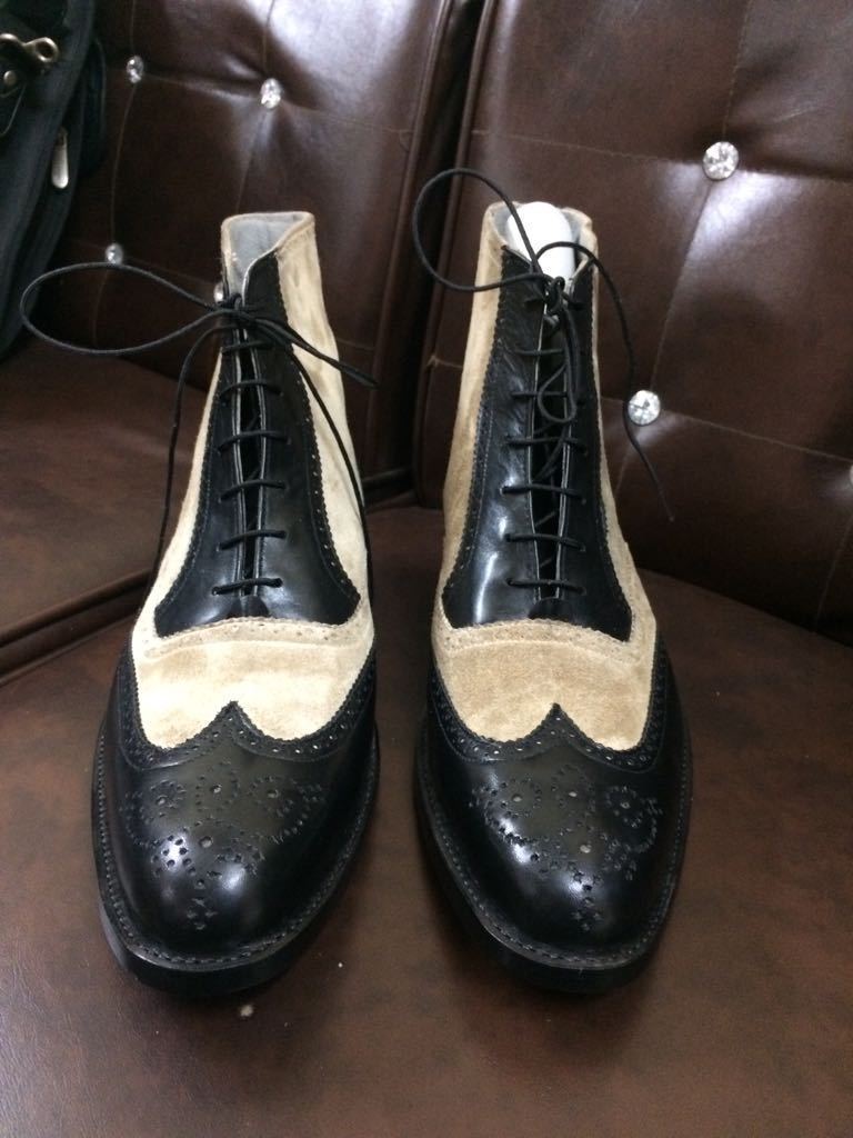 Two Tone Men Boots Black Beige Full Brogue Suede Leather Laceup Premium Quality